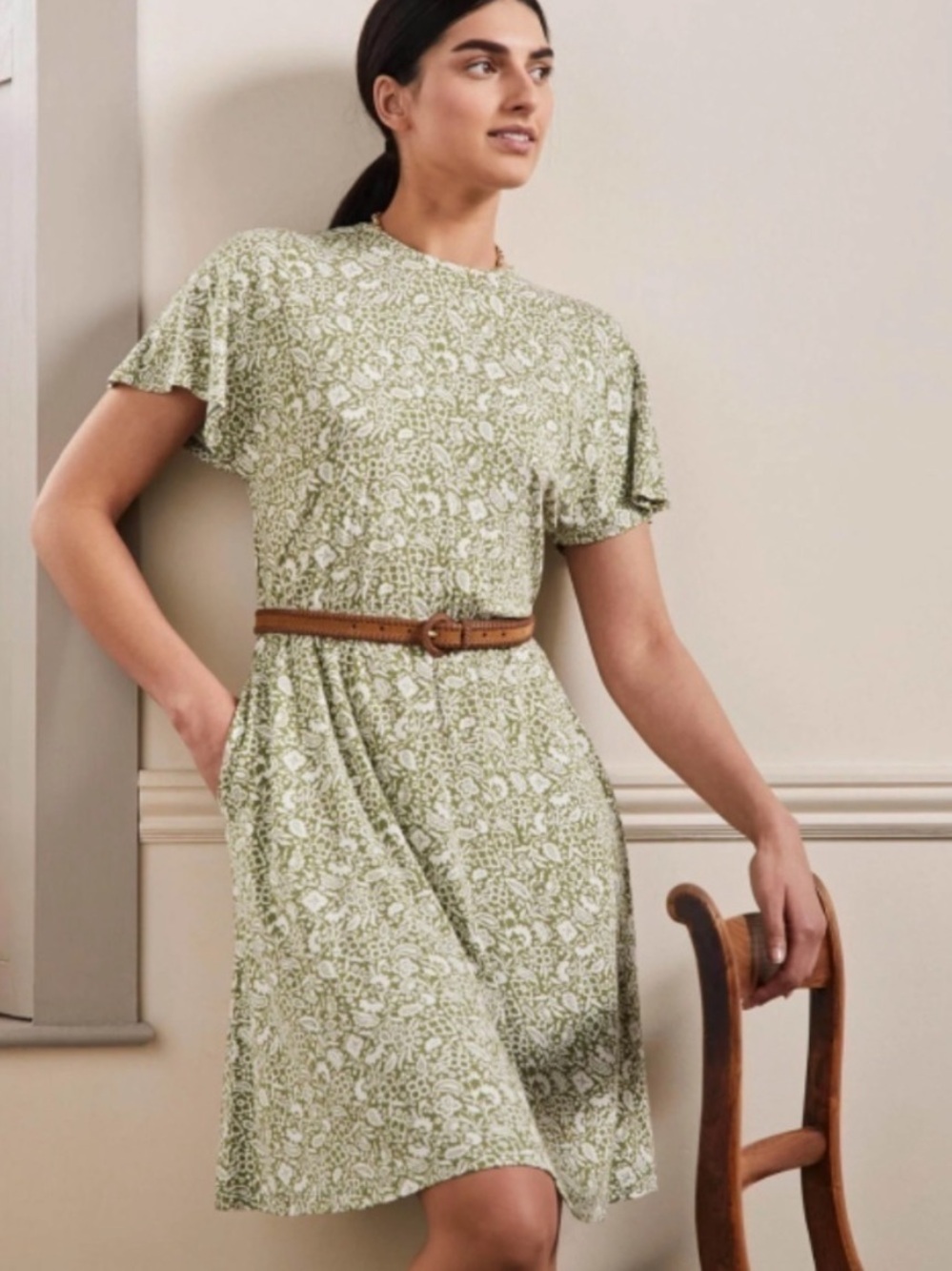 Boden Flutter Sleeve Jersey Dress Olive Green & White Floral 14